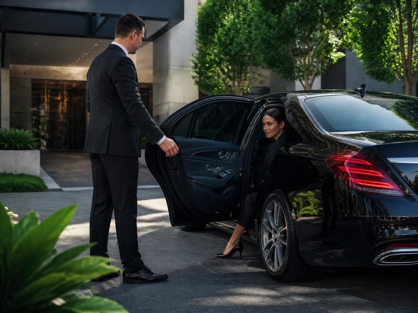 Professional chauffeur welcoming a passenger